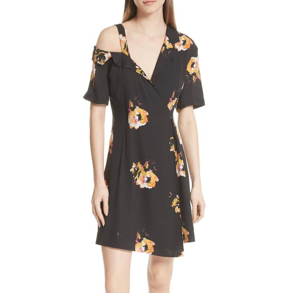 A.L.C. Lucia Floral Print Silk Cold Shoulder Dress Size 6 Black Asymmetric
